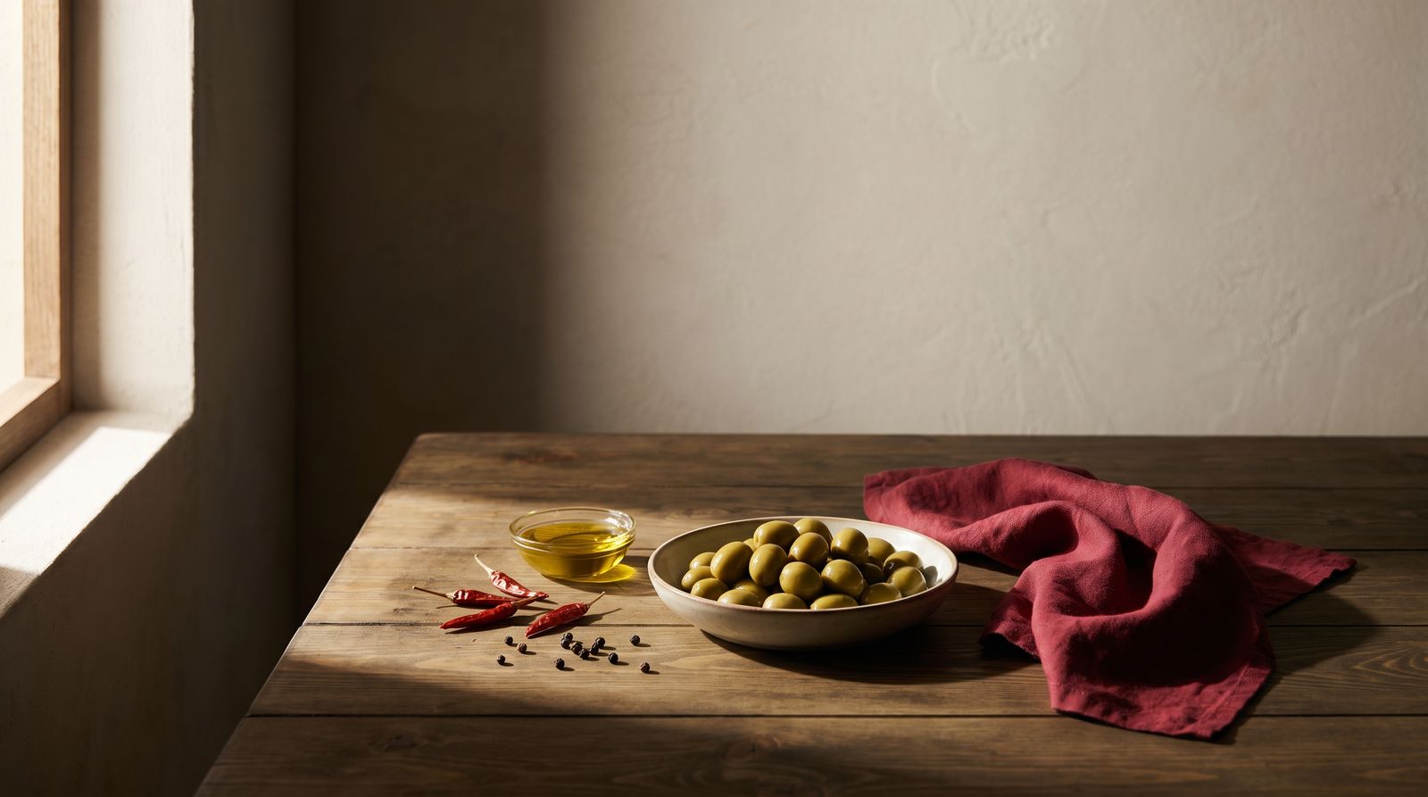 Olives, olive oil and dried chillies on a table in window light