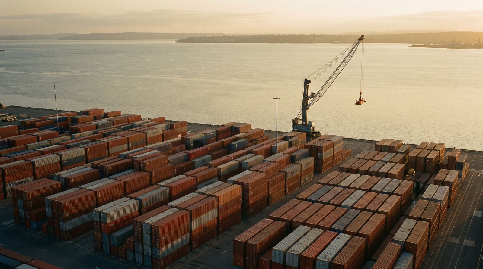 Container terminal at golden hour